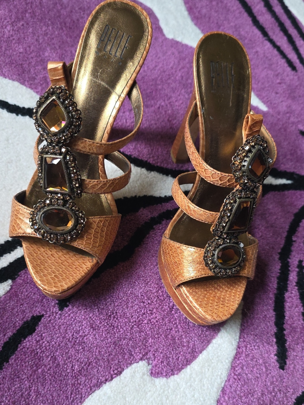 Pelle Moda Tan Jeweled Strappy High Heel Sandals